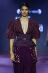 Pankaj & Nidhi_Purple Tulle Embellished Cutdana Plunge V Neck Roseate Applique Floral Crop Top _Online_at_Aza_Fashions