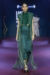 Buy_Pankaj & Nidhi_Green Silk Organza Piping Cypress Cutwork Tuxedo Yoke _Online_at_Aza_Fashions