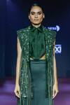 Pankaj & Nidhi_Green Silk Organza Piping Cypress Cutwork Tuxedo Yoke _at_Aza_Fashions