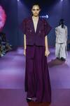 Pankaj & Nidhi_Purple Crepe Applique, Beads V-neck Embroidered Jacket And Skirt Set _at_Aza_Fashions