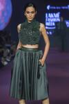 Pankaj & Nidhi_Green Tulle, Twill Cut Work, Cypress Cutwork Tuxedo Yoke And Pleated Skirt _Online_at_Aza_Fashions