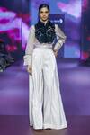 Buy_Pankaj & Nidhi_Cream Tulle, Organza, Cut Work, Black Cutwork Tuxedo Yoke And Shirt Set _at_Aza_Fashions