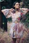 Buy_Pankaj & Nidhi_Multi Color Chiffon Sequins V-neck Multicolor Floral Abstract Cut-out Dress _at_Aza_Fashions