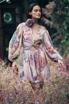 Pankaj & Nidhi_Multi Color Chiffon Sequins V-neck Multicolor Floral Abstract Cut-out Dress _Online_at_Aza_Fashions