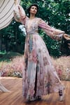 Buy_Pankaj & Nidhi_Multi Color Chiffon, Lace Sequins, Cut Work V-neck Embellished Floral Maxi Dress _at_Aza_Fashions