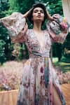 Pankaj & Nidhi_Multi Color Chiffon, Lace Sequins, Cut Work V-neck Embellished Floral Maxi Dress _Online_at_Aza_Fashions