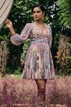 Buy_Pankaj & Nidhi_Multi Color Chiffon Sequins, Cut Work, Floral Cut-out Crossover Mini Dress _at_Aza_Fashions