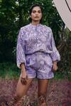 Buy_Pankaj & Nidhi_Purple Organza Embroidery Floral Applique Embellished Shirt And Shorts Set _Online_at_Aza_Fashions