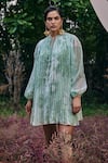 Pankaj & Nidhi_Green Chiffon Mandarin Collar Mint Abstract Printed Pleated Dress _Online_at_Aza_Fashions