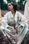 Shop_Pankaj & Nidhi_Blue Cotton Sequins Collared Floral Hand Embellished Oversized Jacket _at_Aza_Fashions