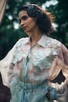 Pankaj & Nidhi_Mint Silk Organza Embroidery Collared 3d Floral Hand Embellished Jacket And Skorts _Online_at_Aza_Fashions