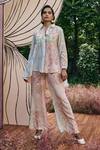 Buy_Pankaj & Nidhi_Blue Satin, Crepe Embroidery Floral Pattern Mint Straight Pant _at_Aza_Fashions