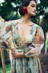 Buy_Pankaj & Nidhi_Green Chiffon, Silk Organza Embroidery V-neck Sage Vintage Blossom Print Dress _Online_at_Aza_Fashions