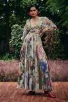 Buy_Pankaj & Nidhi_Green Organza, Chiffon Fabric Flowers V-neck Sage Floral Maxi Dress _at_Aza_Fashions