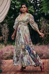 Pankaj & Nidhi_Green Organza, Chiffon Fabric Flowers V-neck Sage Floral Maxi Dress _Online_at_Aza_Fashions
