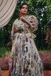 Pankaj & Nidhi_Multi Color Organza, Satin Fabric Vintage Bloomy Print Top And Pleated Skirt _at_Aza_Fashions