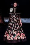 Rohit Bal_Black Chanderi, Velvet, Cotton Applique Floral Print Anarkali Set With Cape _Online_at_Aza_Fashions
