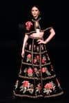 Buy_Rohit Bal_Black Velvet Embroidery, Zari, Sequins V-neck Floral Cape Lehenga Set _at_Aza_Fashions