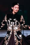 Rohit Bal_Black Velvet Embroidery Mandarin Collar Resham Longline Jacket _Online_at_Aza_Fashions