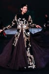 Buy_Rohit Bal_Black Velvet Embroidery Mandarin Collar Resham Longline Jacket _Online_at_Aza_Fashions