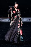 Rohit Bal_Black Velvet Embroidery Open Neck Longline Jacket _Online_at_Aza_Fashions