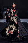 Rohit Bal_Black Velvet Embroidery Open Neck Longline Jacket _at_Aza_Fashions