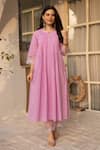 ASRUMO_Pink Chanderi, Organza Lace Round Neck Pintucked Kurta Pant Set _Online_at_Aza_Fashions