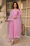 ASRUMO_Pink Chanderi, Organza Lace Round Neck Pintucked Kurta Pant Set _at_Aza_Fashions