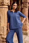 Shop Dash And Dot Blue Polyester, Spandex Collared Knit Top And Pant Set Online at Aza Fashions Shop_Dash And Dot_Blue Polyester, Spandex Collared Knit Top And Pant Set_Online_at_Aza_Fashions