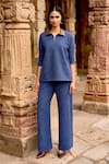 Buy Dash And Dot Blue Polyester, Spandex Collared Knit Top And Pant Set Buy_Dash And Dot_Blue Polyester, Spandex Collared Knit Top And Pant Set