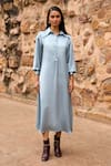 Buy_Dash and Dot_Blue 100% Polyester Plain Collar Petrol Textured Shirt Dress _at_Aza_Fashions