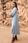 Shop_Dash and Dot_Blue 100% Polyester Plain Collar Petrol Textured Shirt Dress _at_Aza_Fashions