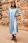 Dash and Dot_Blue 100% Polyester Plain Collar Petrol Textured Shirt Dress _Online_at_Aza_Fashions