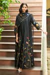Buy_Vaayu_Black Giza Silk Embroidered Floral Applique V Neck Coal Anarkali With Dupatta _at_Aza_Fashions