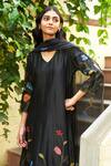 Shop_Vaayu_Black Giza Silk Embroidered Floral Applique V Neck Coal Anarkali With Dupatta _Online_at_Aza_Fashions