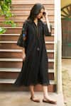 Buy_Vaayu_Black Muslin Cotton Embroidered Floral Applique V Neck Midi Dress _Online_at_Aza_Fashions