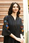 Vaayu_Black Muslin Cotton Embroidered Floral Applique V Neck Midi Dress _at_Aza_Fashions