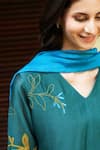 Shop_Vaayu_Green Giza Silk Embroidered Floral Applique V Neck Kurta Pant Set _Online_at_Aza_Fashions