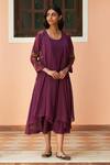 Shop_Vaayu_Purple Muslin Cotton Embroidered Floral Applique Jacket Style Midi Dress With _Online_at_Aza_Fashions