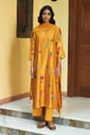 Buy_Vaayu_Yellow Muslin Cotton Embroidered Floral Applique Round Keyhole Kurta Pant Set _at_Aza_Fashions