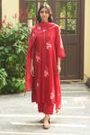 Vaayu_Red Silk Applique, Embroidery, Tassels Round Floral Kurta Pant Dupatta Set _Online_at_Aza_Fashions