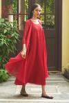 Vaayu_Red Muslin Cotton Embroidered Linear Round Crimson Midi Dress _Online_at_Aza_Fashions
