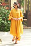 Buy_Vaayu_Yellow Muslin Cotton Embroidered Asymmetric Flared Sleeve Kurta And Pant Set _at_Aza_Fashions