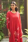 Vaayu_Red Muslin Cotton Embroidered Floral Applique Round Midi Dress _Online_at_Aza_Fashions