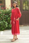Buy_Vaayu_Red Muslin Cotton Embroidered Floral Applique Round Midi Dress _Online_at_Aza_Fashions