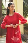 Shop_Vaayu_Red Muslin Cotton Embroidered Floral Applique Round Midi Dress _Online_at_Aza_Fashions