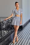 Buy_Kay Kay_Blue Cotton, Polyester Lace V-neck Woven Stripe Ruched Crop Top And Skirt Set _at_Aza_Fashions