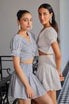 Kay Kay_Blue Cotton, Polyester Lace V-neck Woven Stripe Ruched Crop Top And Skirt Set _Online_at_Aza_Fashions