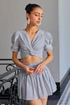 Buy_Kay Kay_Blue Cotton, Polyester Lace V-neck Woven Stripe Ruched Crop Top And Skirt Set _Online_at_Aza_Fashions
