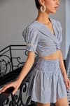 Shop_Kay Kay_Blue Cotton, Polyester Lace V-neck Woven Stripe Ruched Crop Top And Skirt Set _Online_at_Aza_Fashions